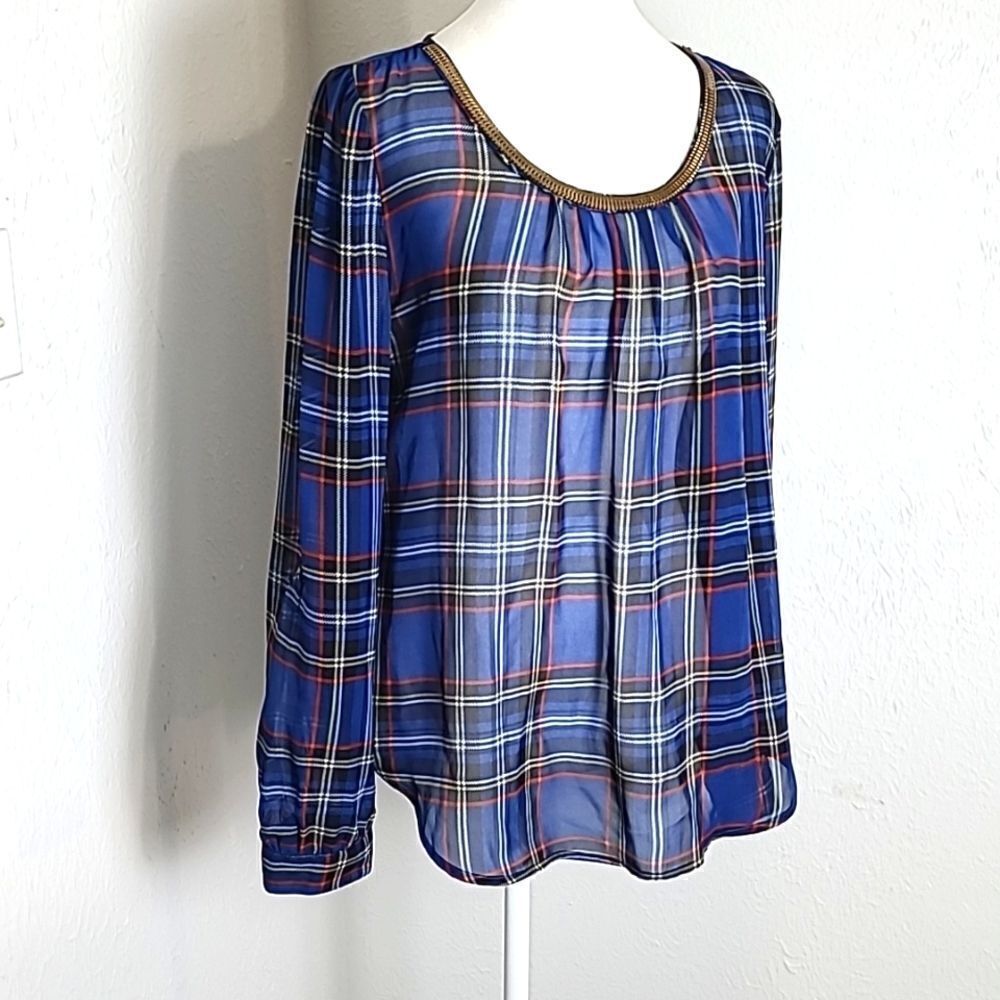 E hangar M Royal Blue Plaid Sheer Top w/Gold Accent Neckline, Size Large - Picture 3 of 11